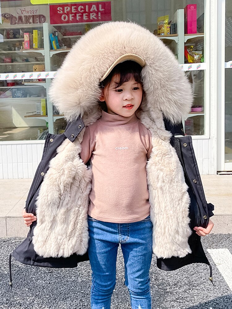 Real Fur Coat Detachable Rabbit Fur Liner Fur Parka Children