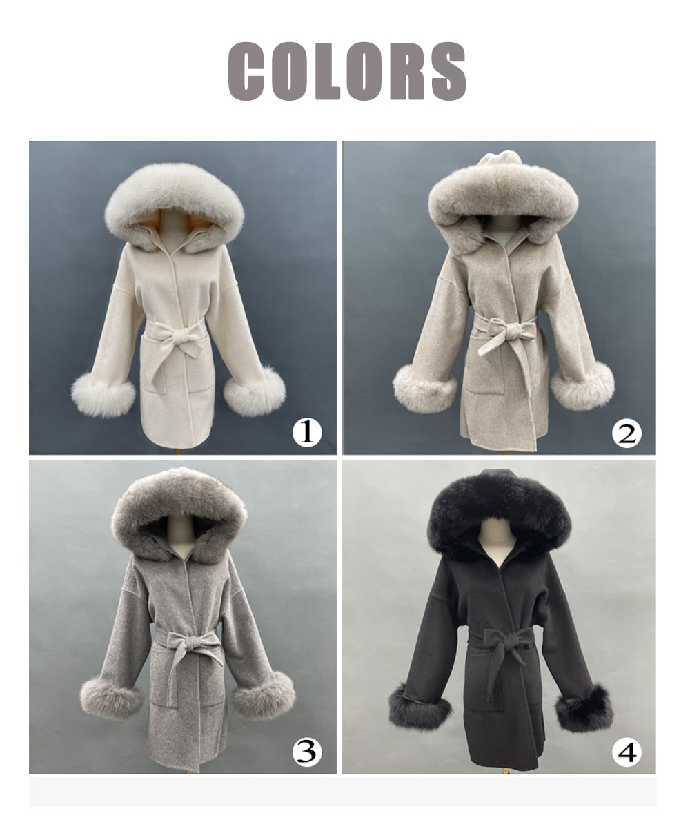 Cashmere Wool Real Fur Collar Cuff Hooded Pea Coats