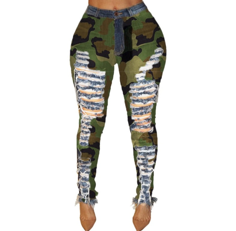 Camouflage Print Full Ripped Pencil Denim Jeans