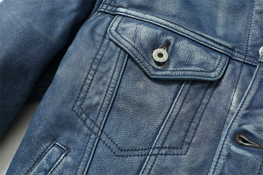 Genuine Leather Jacket Vintage Denim Style