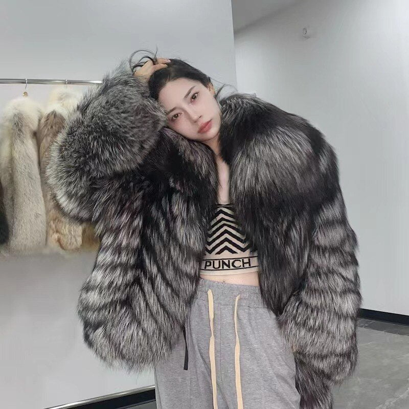 Dark Silver Big Collar Real Fur Coat