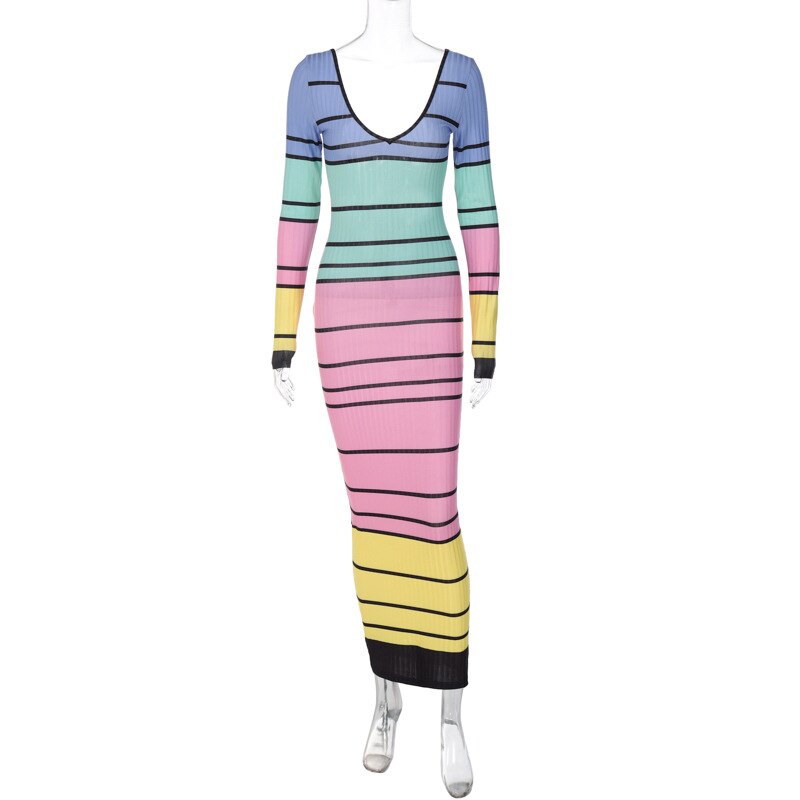 Colorful Stripe Backless Long Sleeve Maxi Dresses