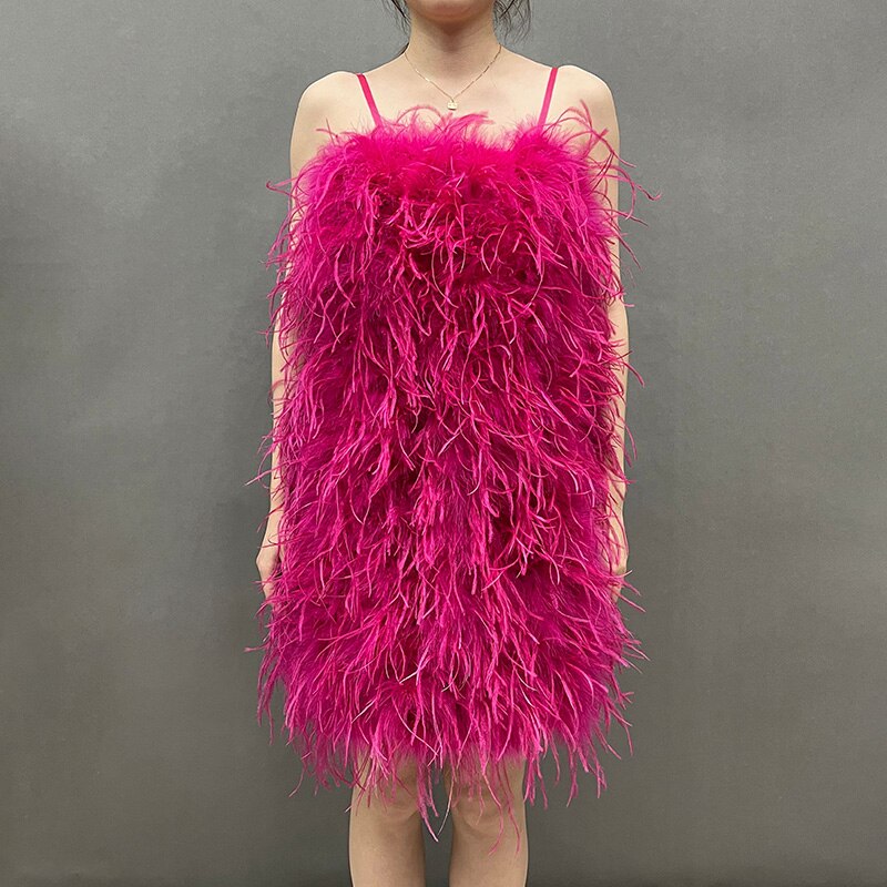 Ostrich Feather Mini Dresses With Shoulder Strap