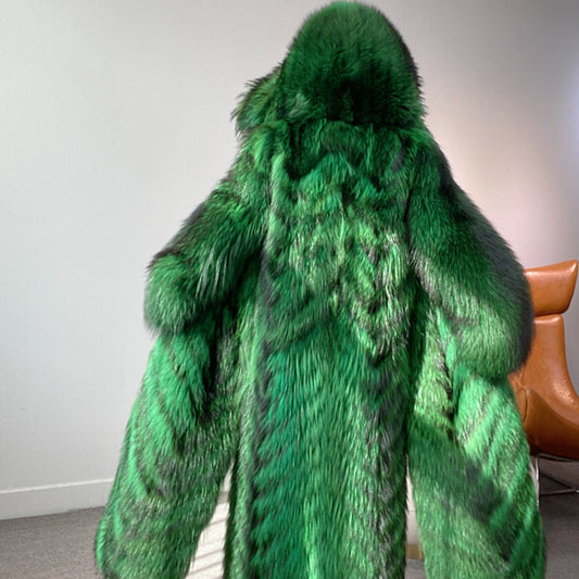 Big Green Real Fur Collar Hood Long Coat