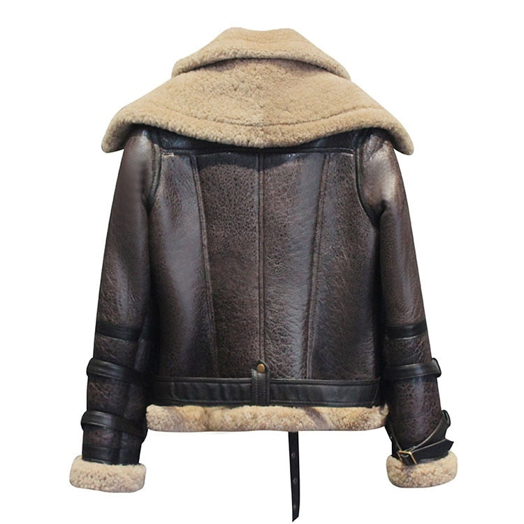 Genuine Leather Coat Wool Liner Removable Double Collar