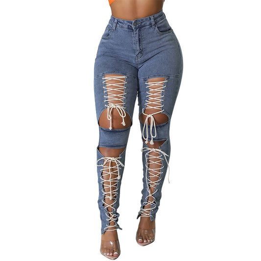 High Waist Hollow Eyelet Lace Up Denim Jeans