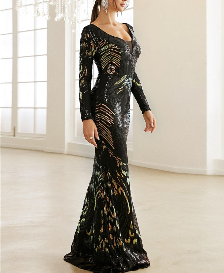 Sequin Sleeved Backless Maxi Dresses