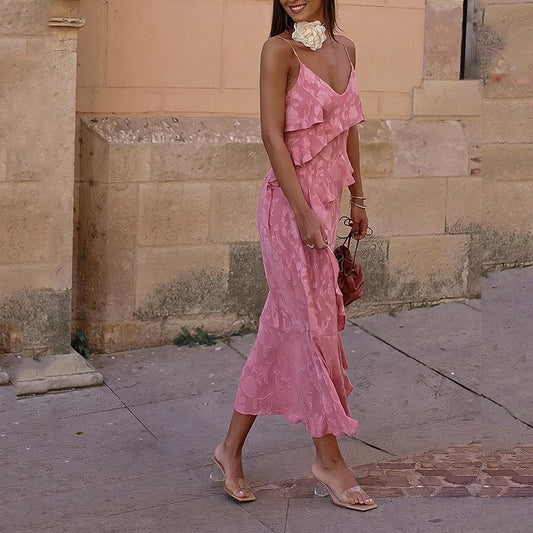 Sleeveless Floral Print Ruffled Slit Maxi Dresses