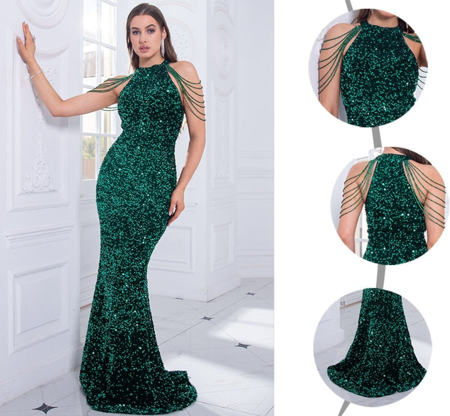 Sequin Beading Halter Sleeveless Evening Dresses