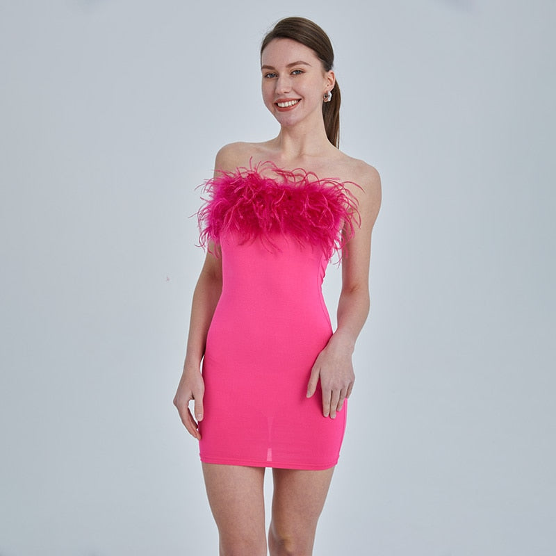 Ostrich Feather Chest Tube Mini Dresses