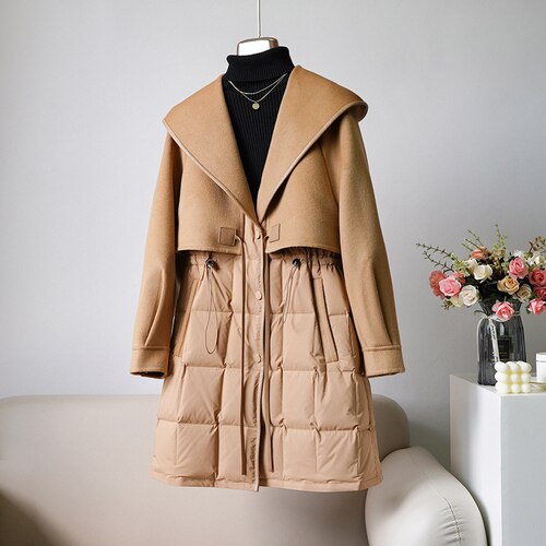 Wool Cashmere Goose Down Long Puffer Coats