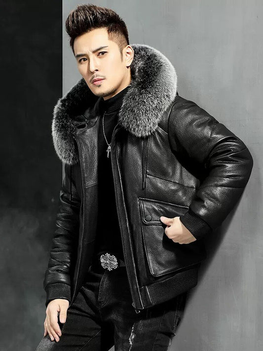Genuine Leather Down Jacket Real Silver Fur Parka