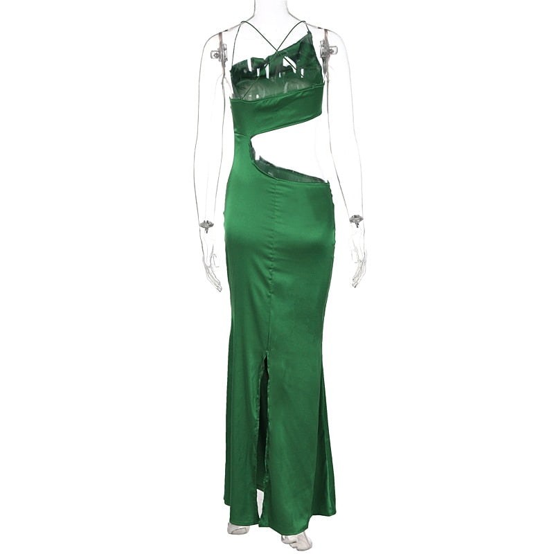 Green Satin Hollow Side Bodycon Long Dress