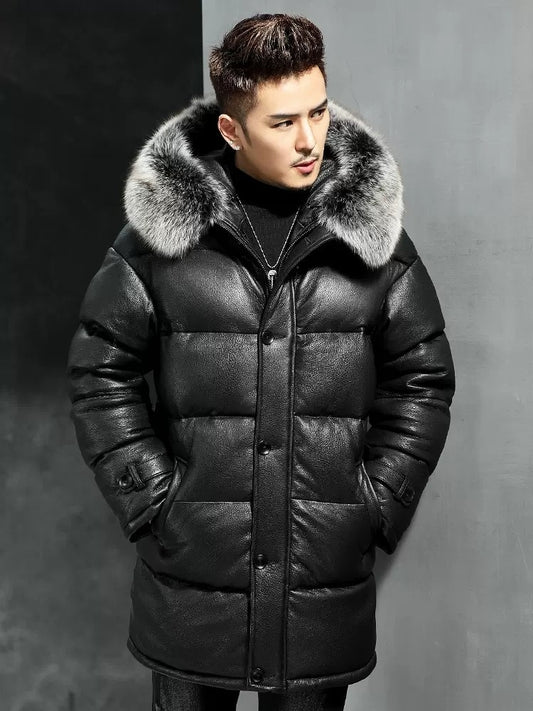 Bubble Genuine Leather Duck Down Real Fur Hooded Coat