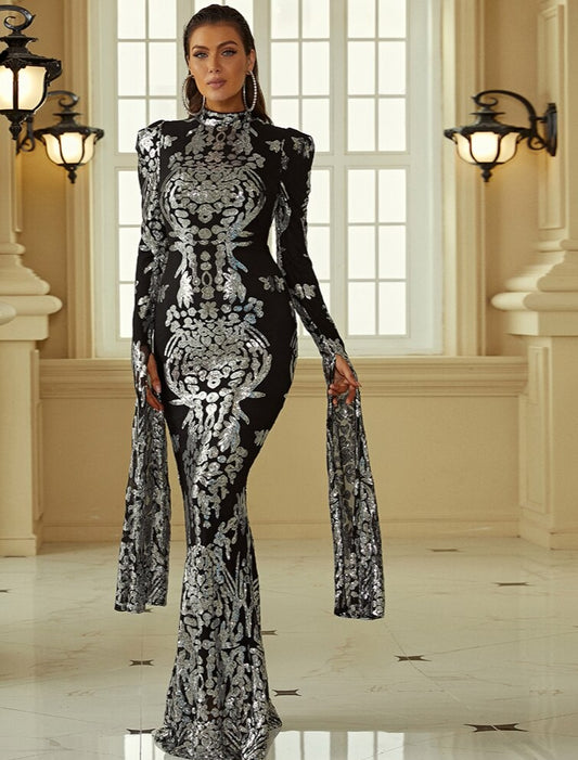 Extra-Long Sleeve Sequin Maxi Dress