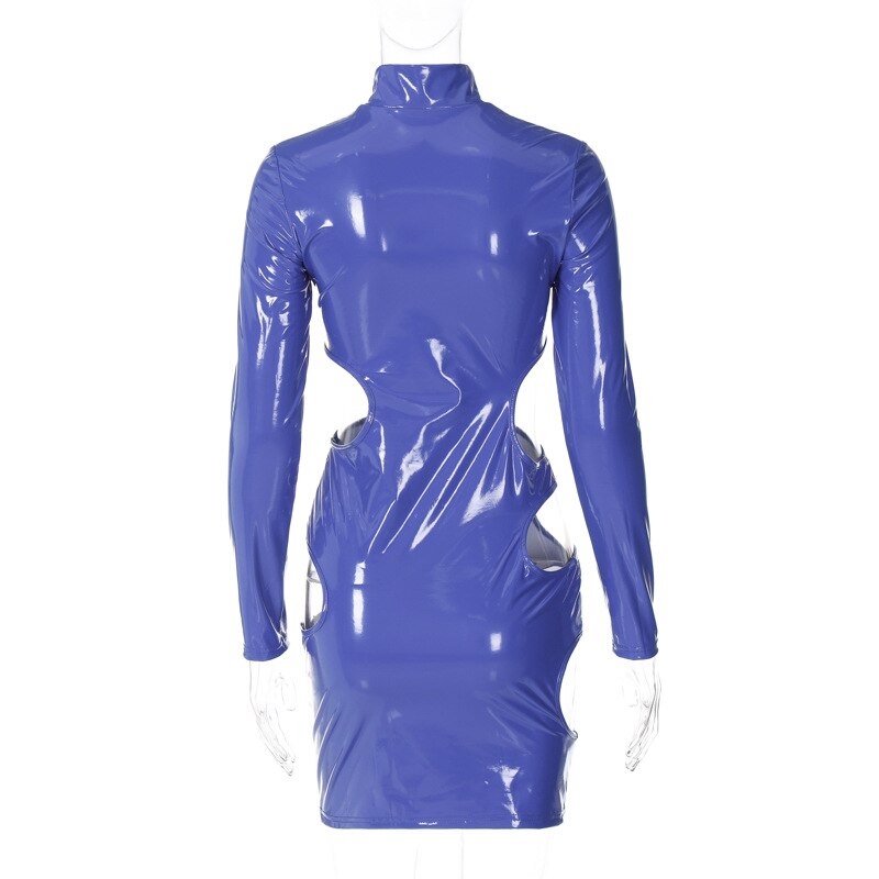 Blue PU Leather Cut Out Sleeved Mini Dress