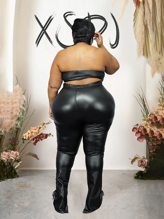 Pu Leather Strapless Crop and Pants Sets Plus Size