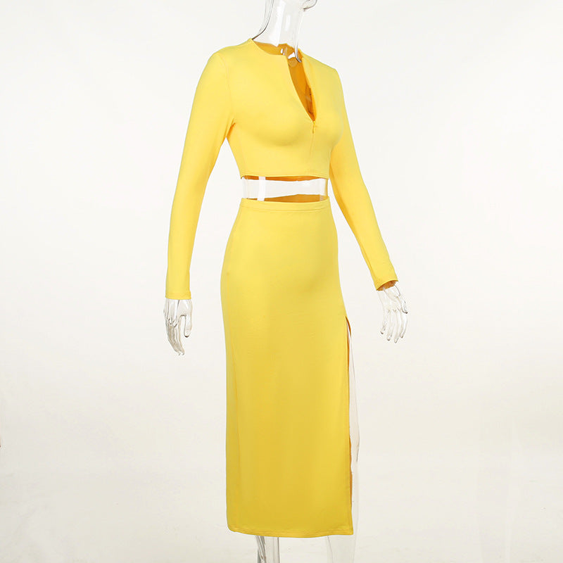 Long Sleeve V Split Midi Skirt Sets