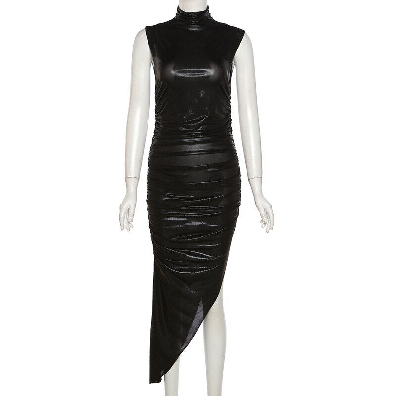 Shiny PU Leather Asymmetrical Maxi Dress