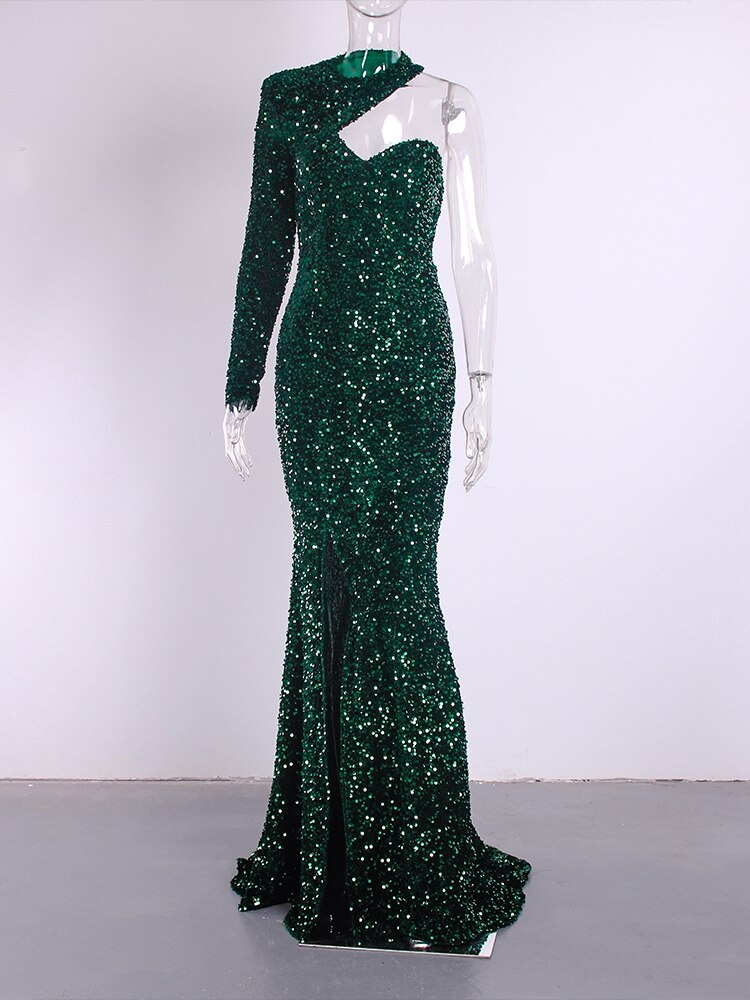 Sequin One Long Sleeve Maxi Evening Gowns