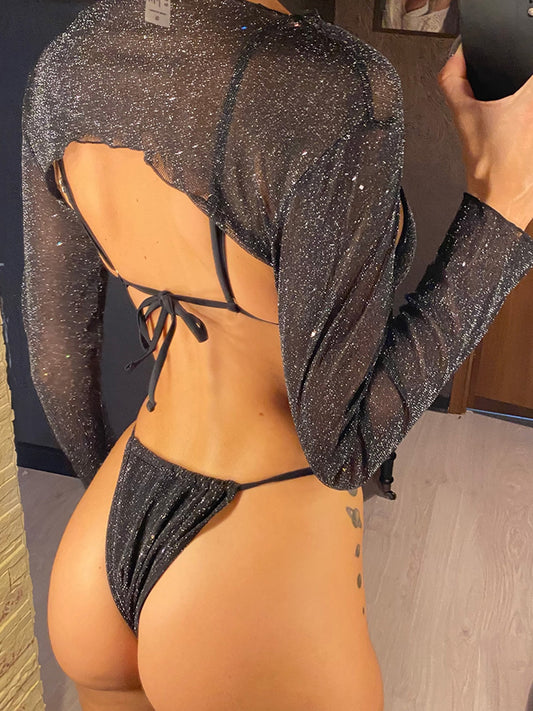 Sparkle Long Sleeves Micro Crop & Bikini Sets