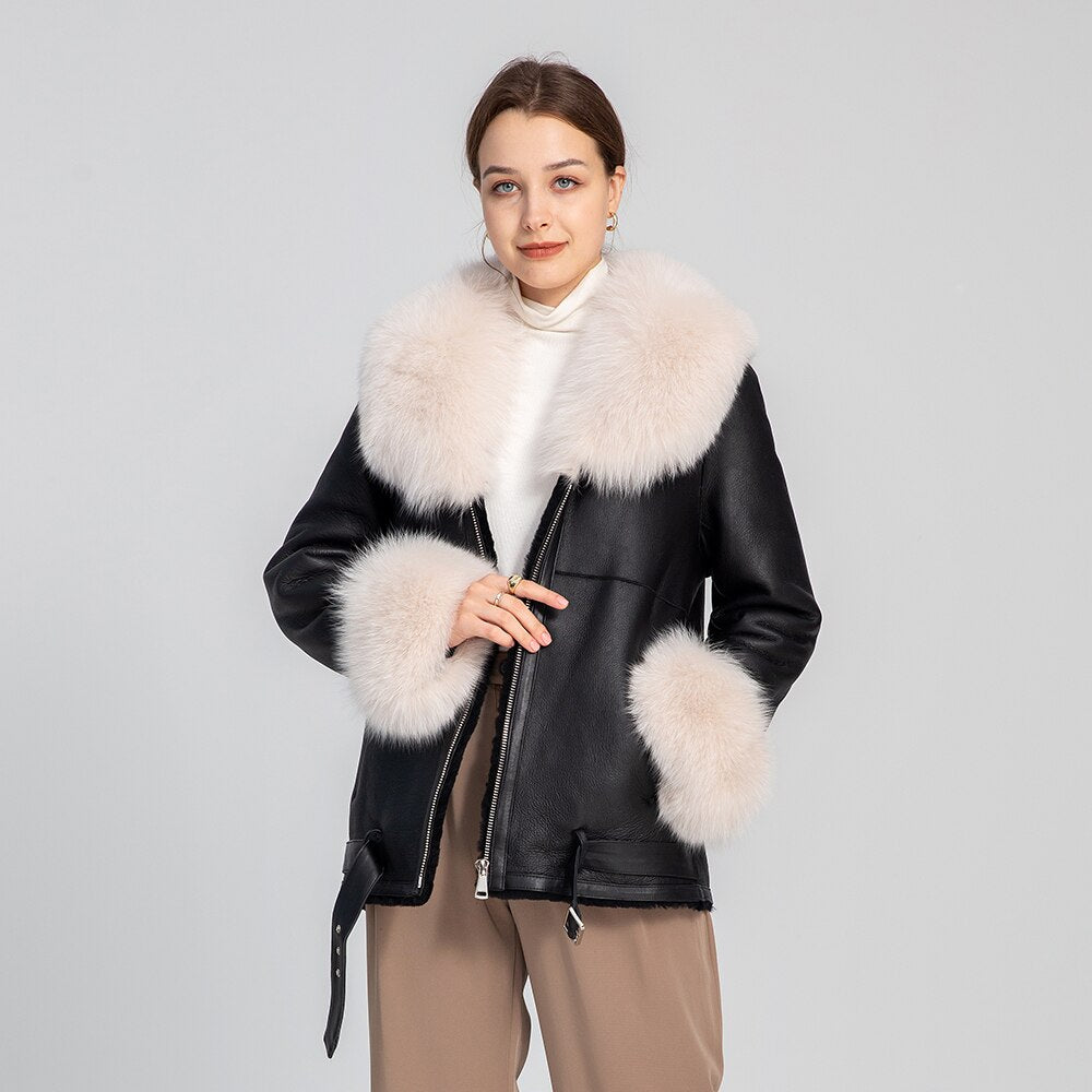 Genuine Leather Coats Real Shearling Fur Collar & Cuffs