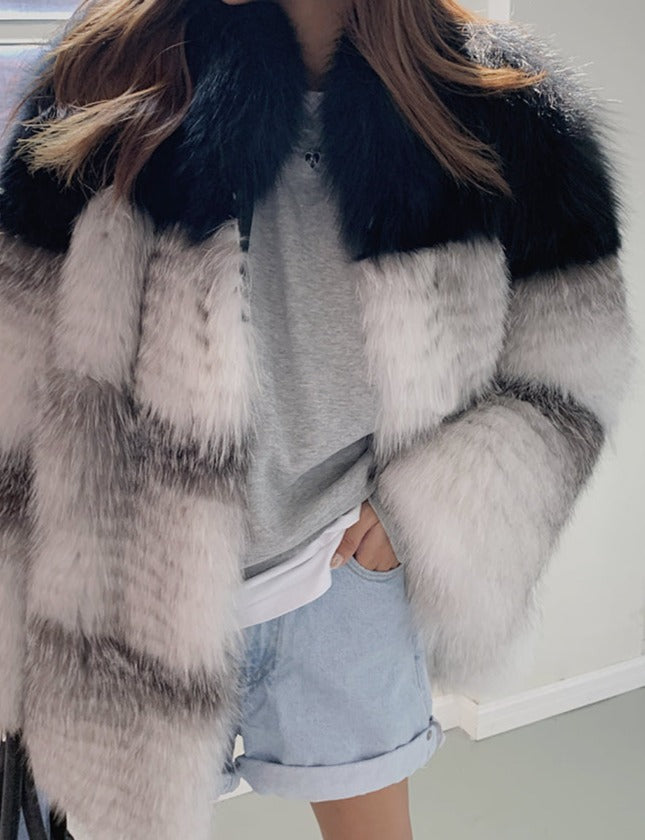 Luxury Real Fur Knitted Tricolor Coat