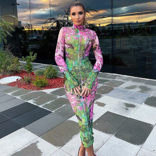 Floral Printed Long Sleeve Bodycon Midi Dress