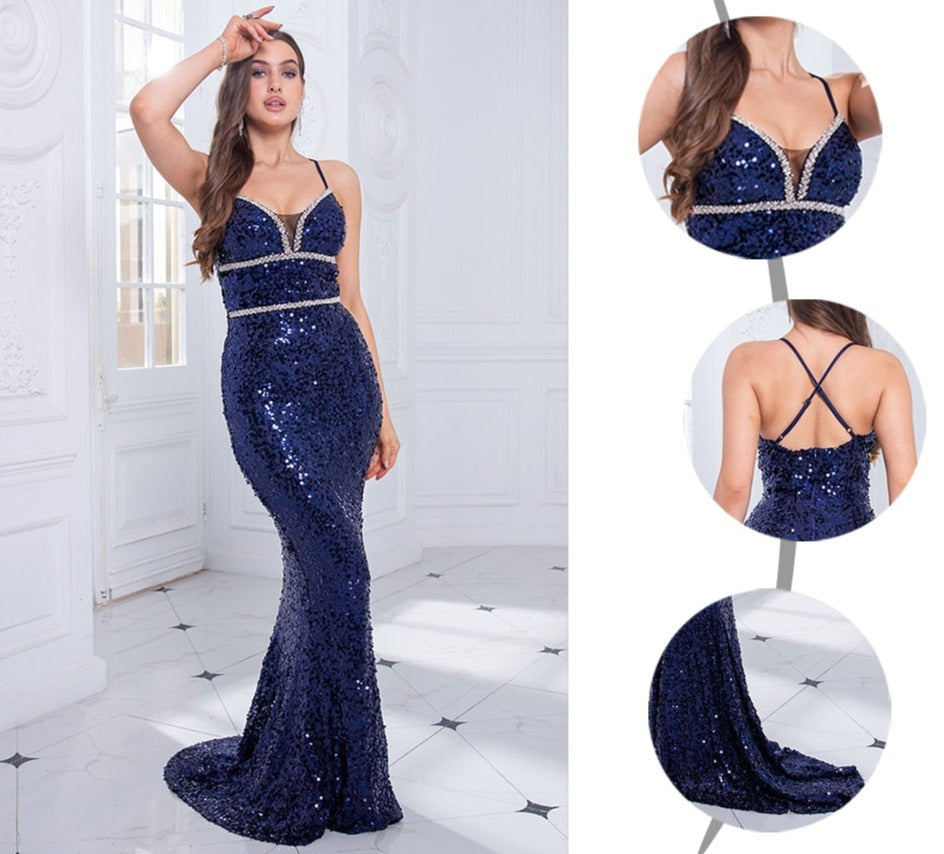 Sequin Crystal V Spaghetti Sleeveless Maxi Dress
