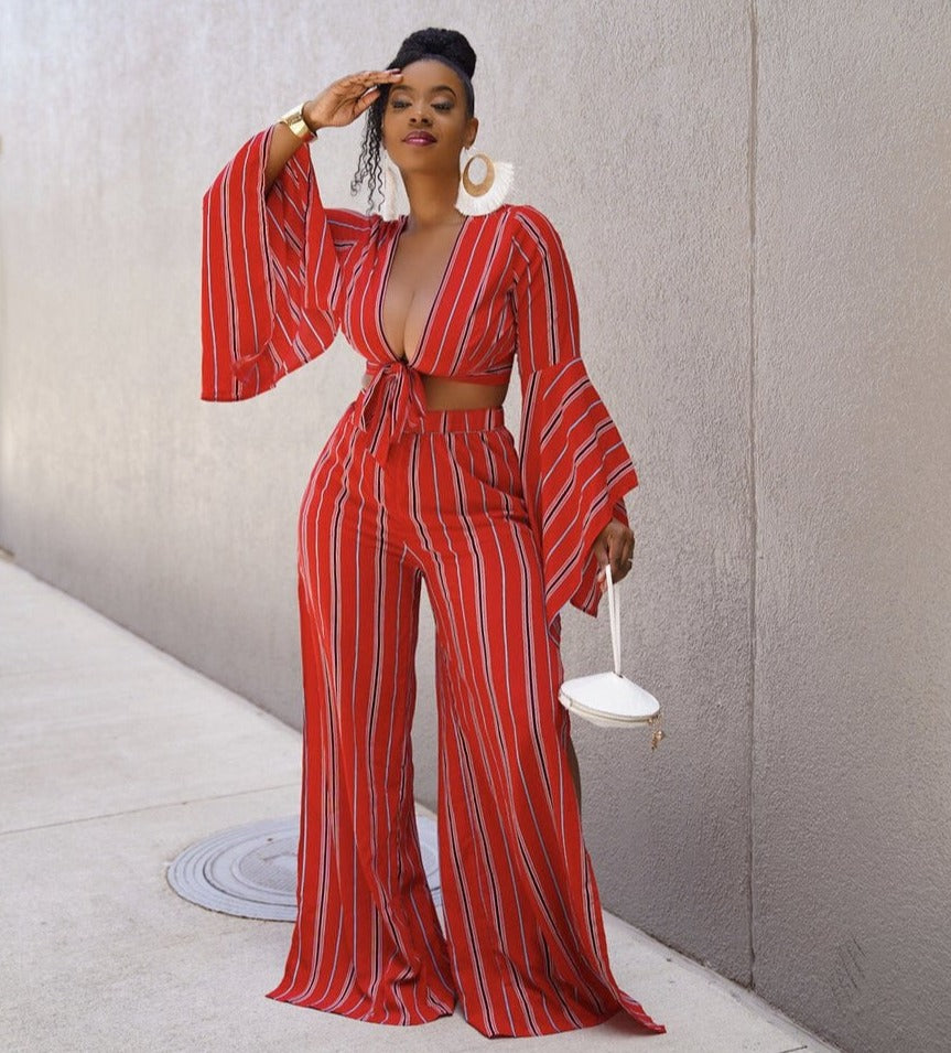 Striped Full Sleeve Crop & Wide Leg Flare Pants Sets