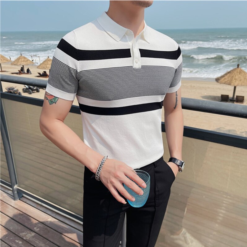 Knitted Stripe Short Sleeve Collar Shirts