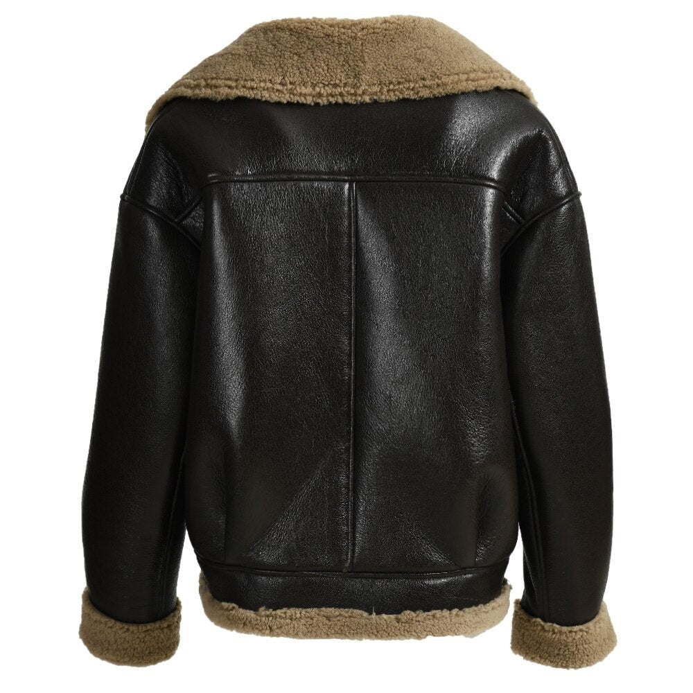 Genuine Leather Coat Shearling Fur Short Retro