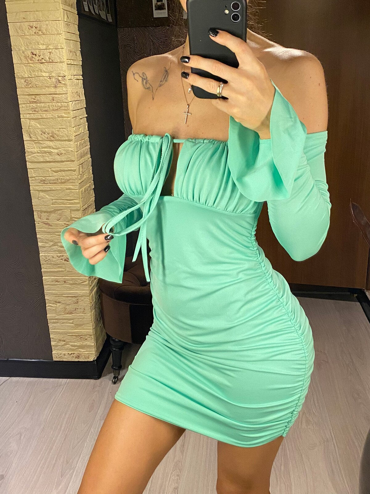 Off Shoulder Long Sleeve Hollow Chest Tie Dresses