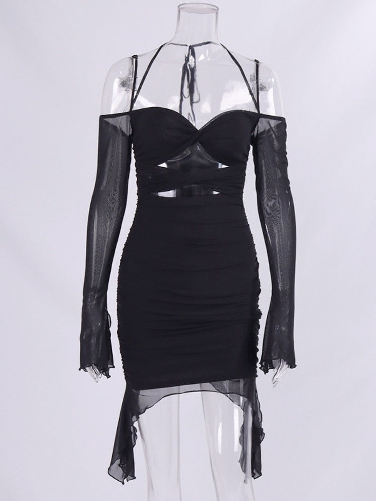 Mesh Sleeve Hollow Ruched Mini Dresses