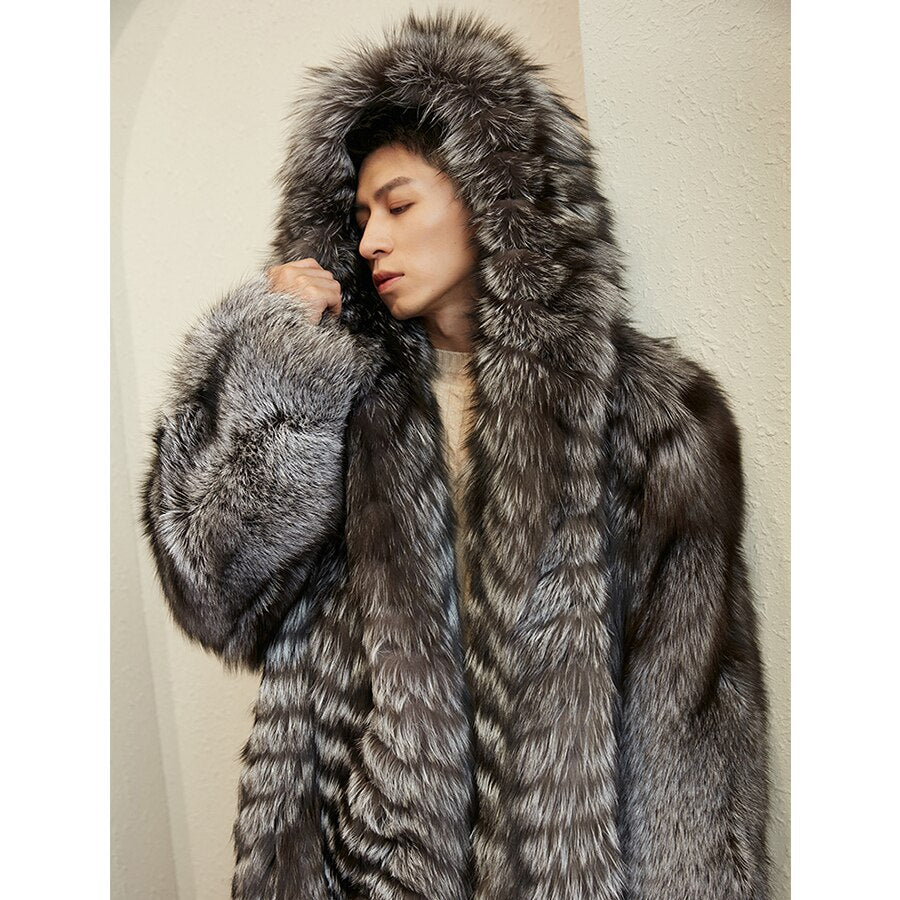 Dark Silver Splicing Pattern Real Fur Long Hooded Coat