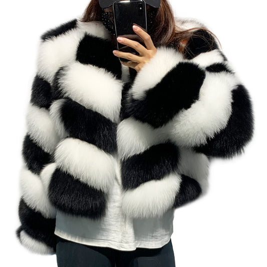 White & Black Checker Real Fur Coat