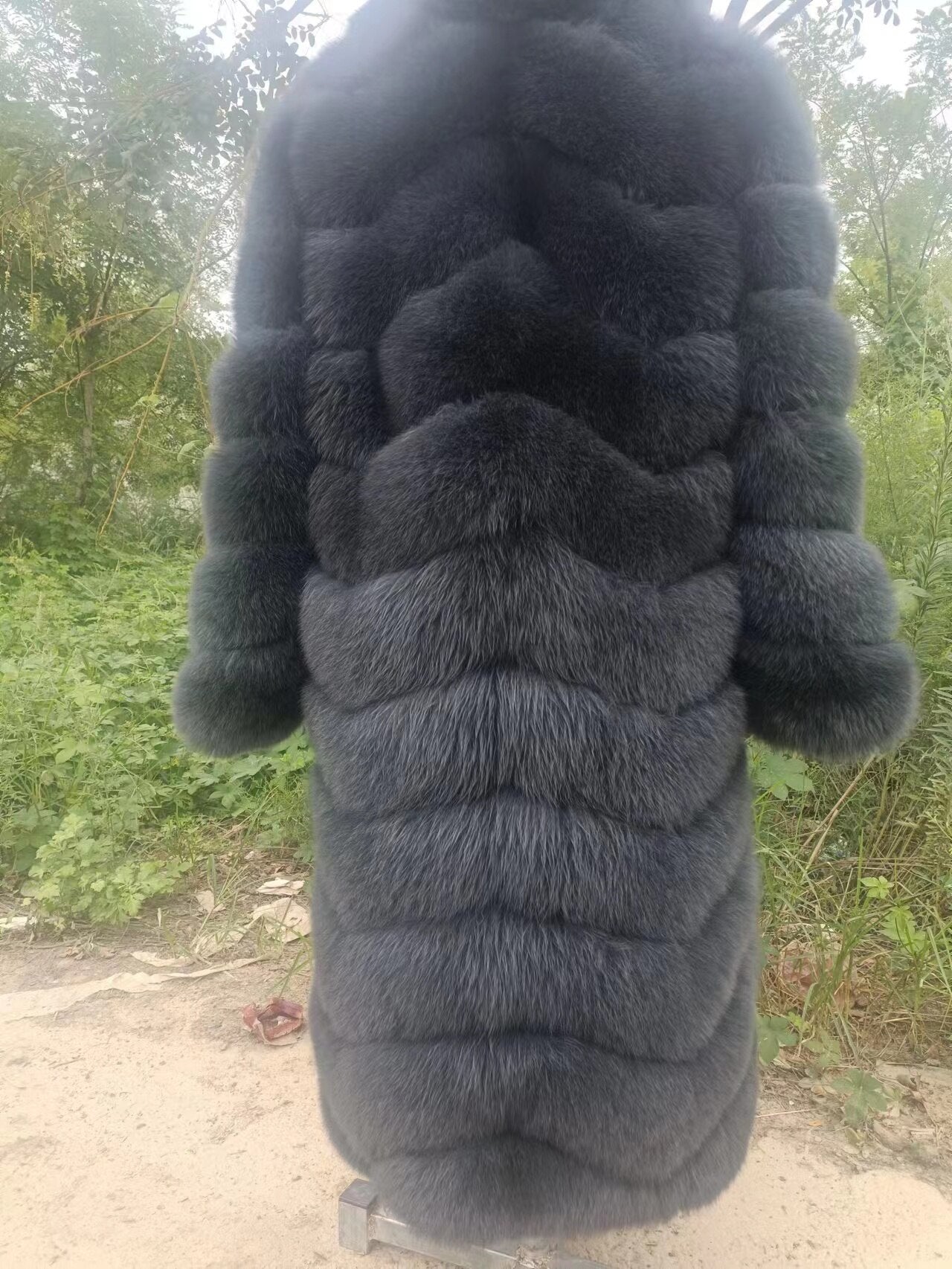 Striped Pattern Real Fox Fur Long Coats