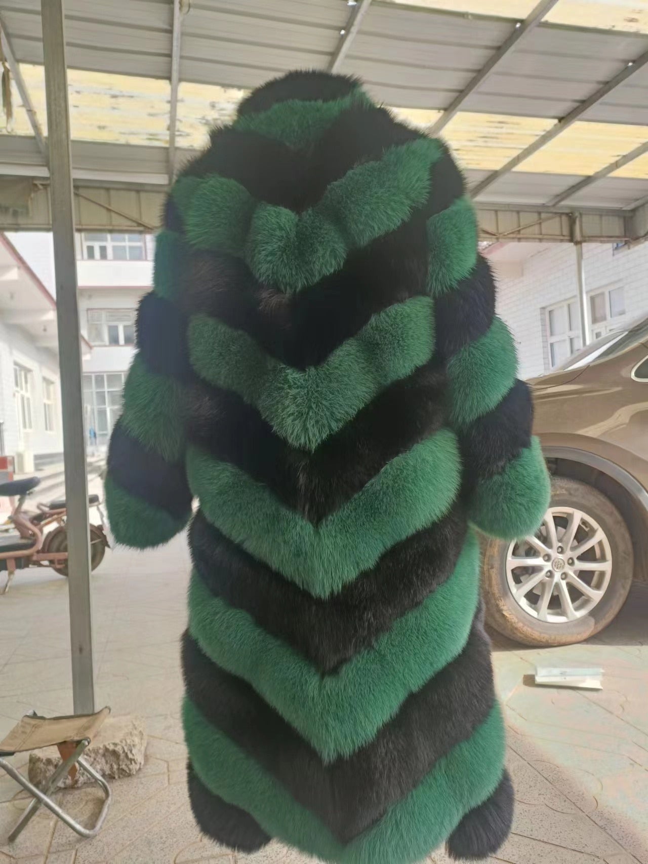 Striped Color Pattern Real Fox Fur Coats  X-Long