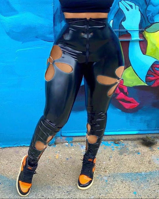 PU Leather Cutout Design Skinny Pants