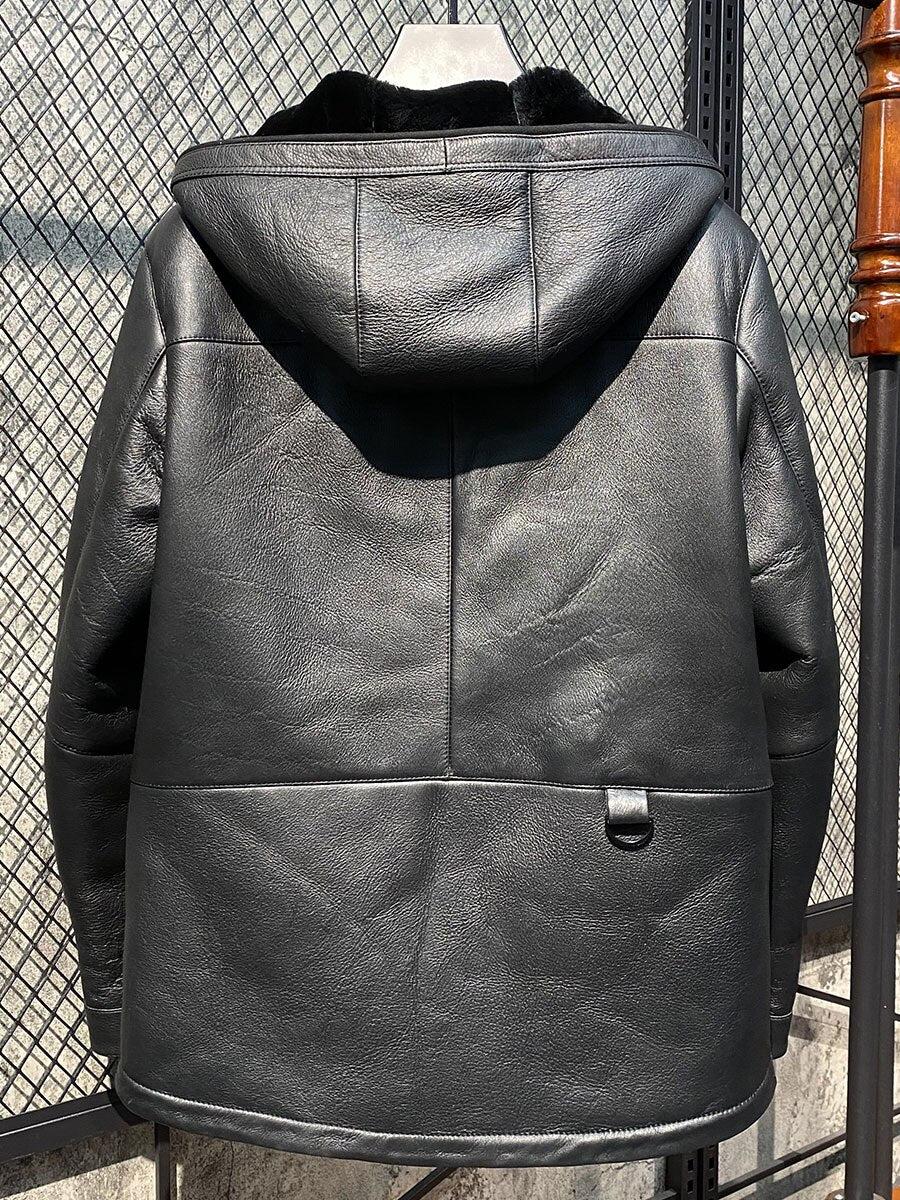 Genuine Leather Coats Black Real Shearling Lining & Hood