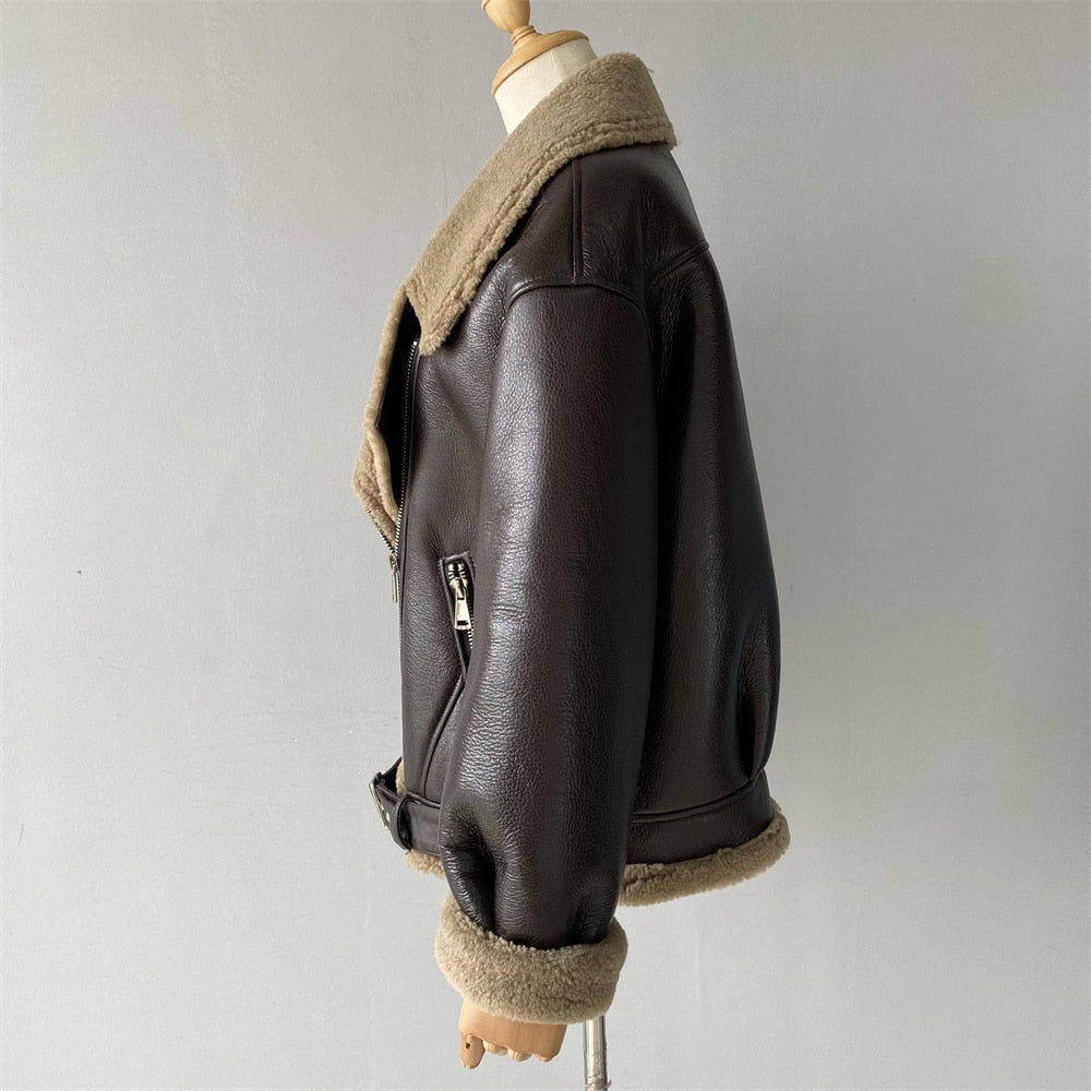Genuine Leather Coat Shearling Fur Short Retro