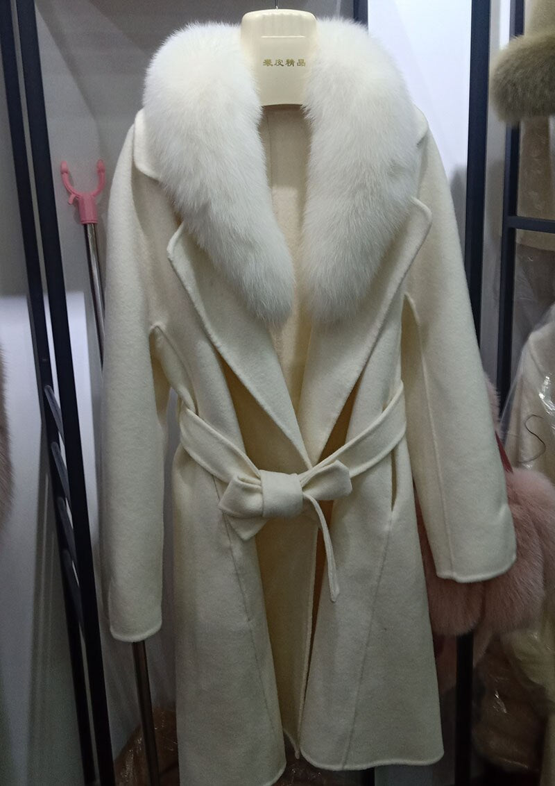 Loose Wool Coat Real Fur Collar Over Sized With Belt