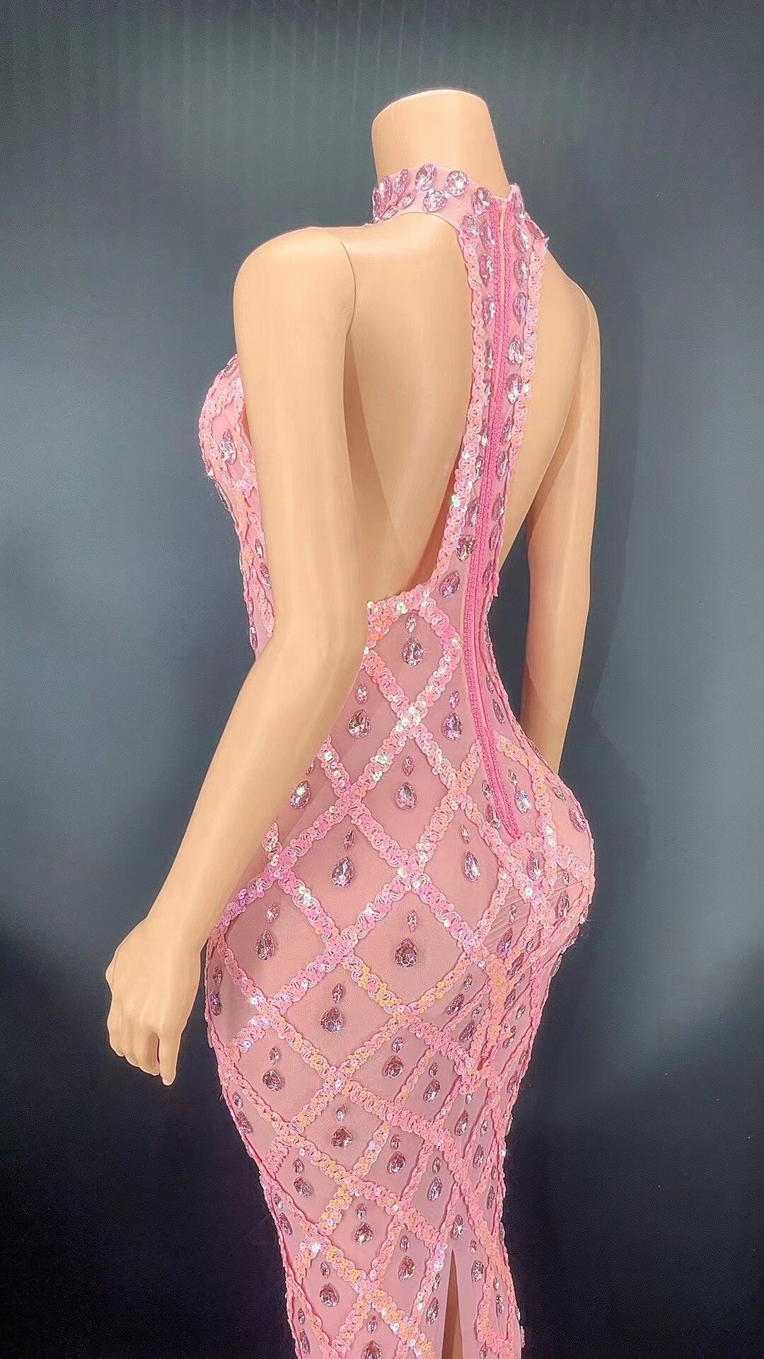 Pink Rhinestones Full Wrap Halter Sleeveless Dress