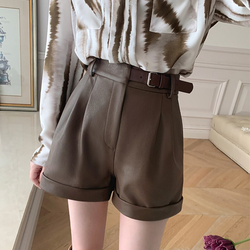 Genuine Leather Loose Shorts With Belt