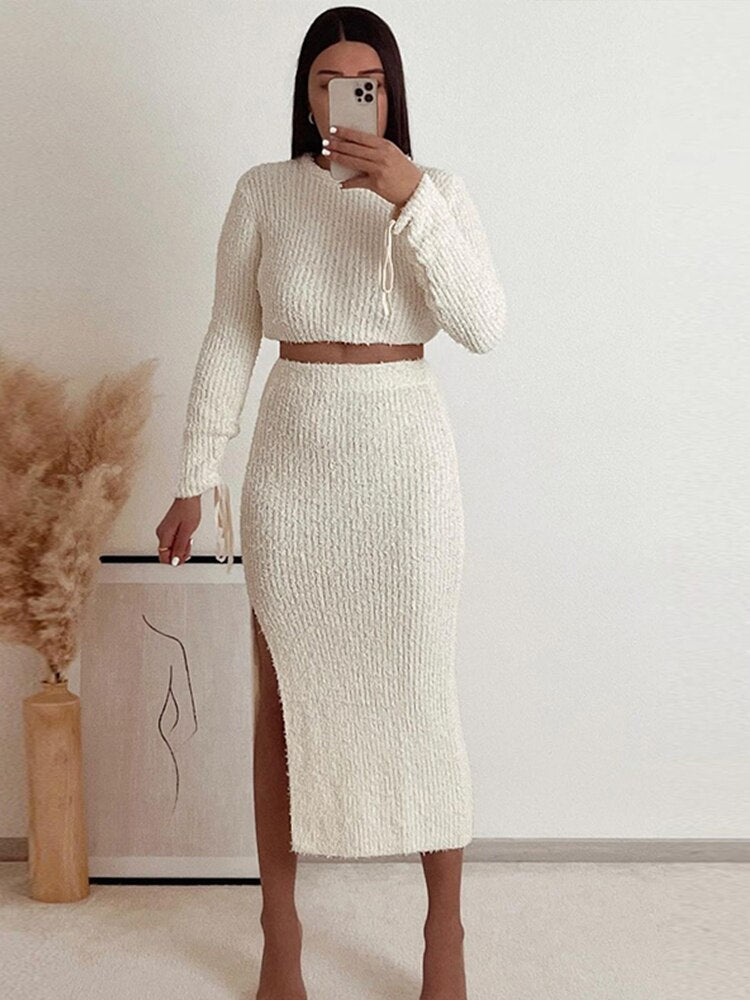 Soft Faux Fur Crop Tops & High Waist Maxi Skirts Sets