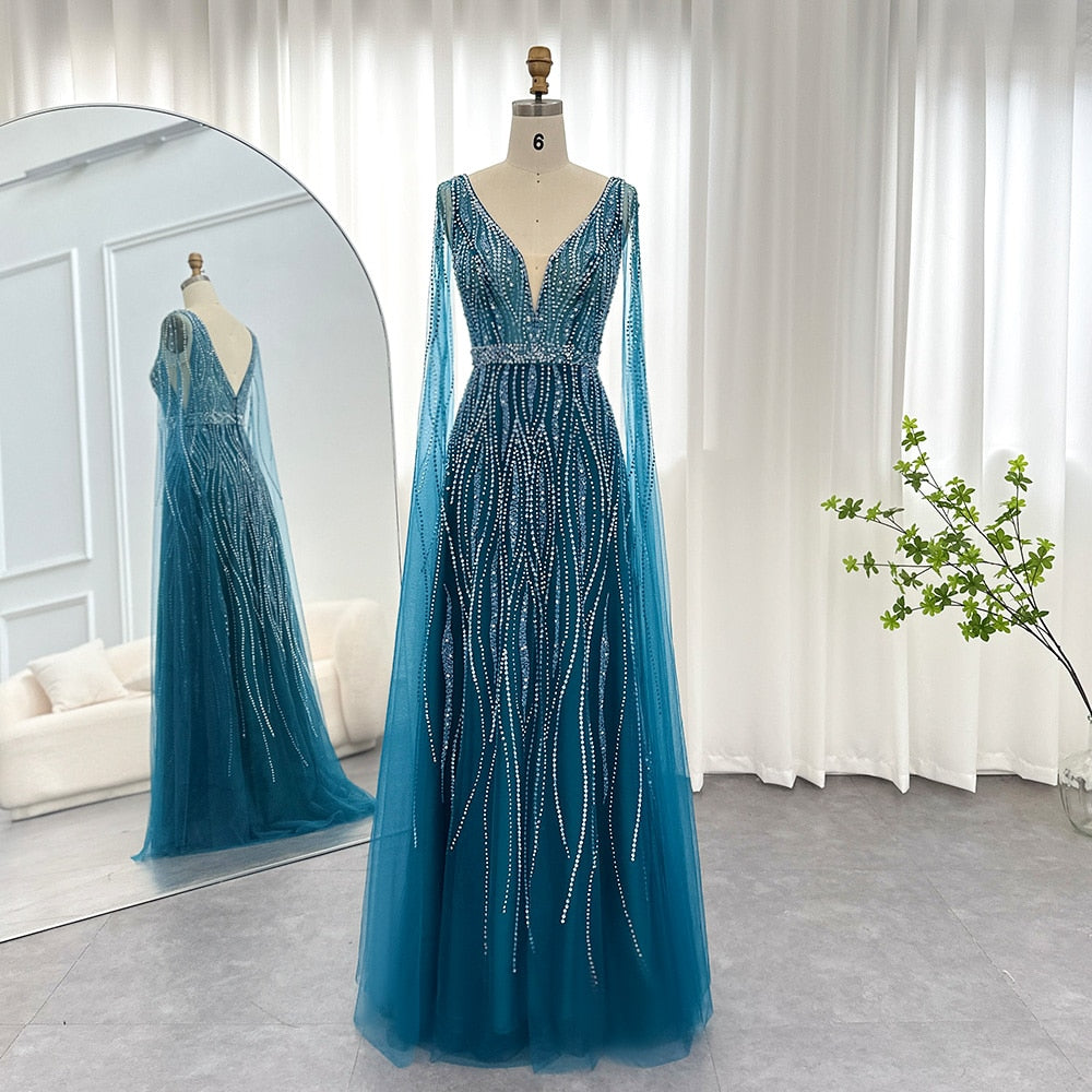 Crystal Stone Drip Mesh Sleeve Drape Gowns