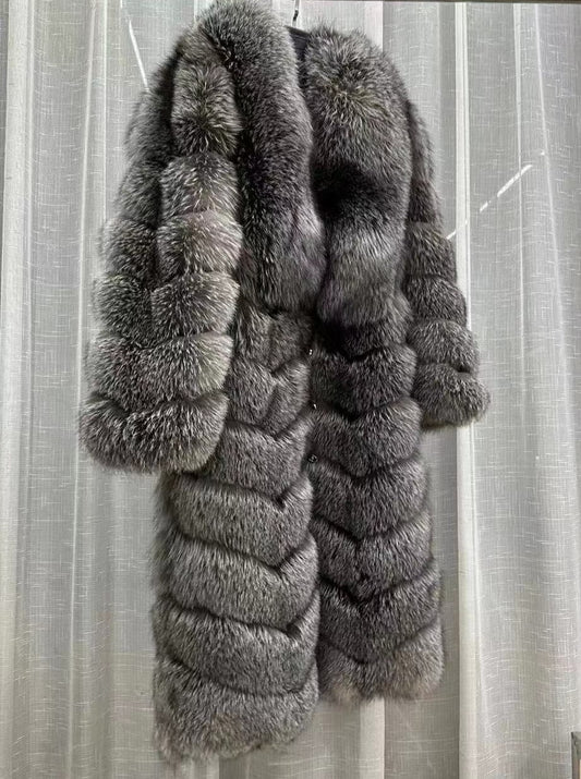 Striped Pattern Real Fox Fur Long Coats