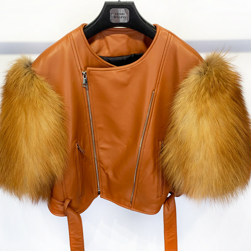 Genuine Leather Short Fur Sleeve Moto Crop Jackets