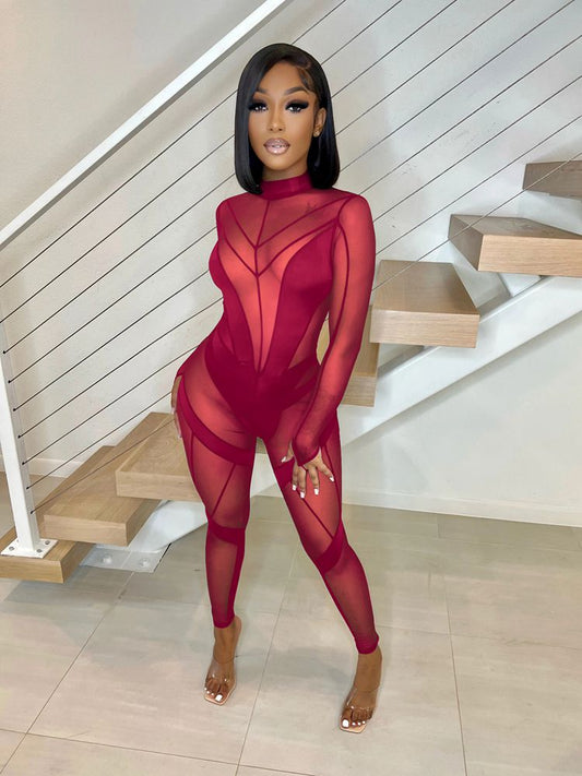 Sleeved Mesh Patchwork Jumpsuits