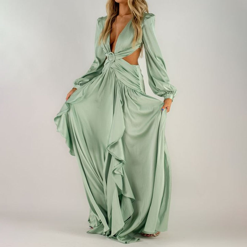 Hollow Pleated Ruffled Long Sleeve Maxi Dresses